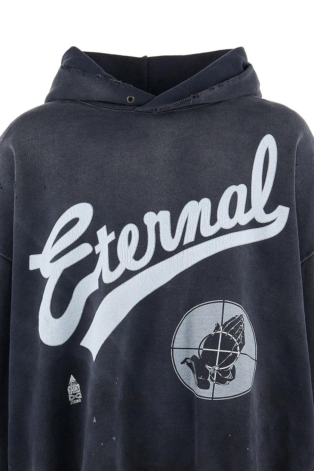 SAINT Mxxxxxx × FEAR OF GOD FG_HOODIE/SNT OF GOD/BLK FOG joint model ETERNAL praying crosshair distressed hoodie. Washed black S-XL. This season's popular super popular joint model. The original version is the same. Thin spring and summer fabrics. The upper body is comfortable. The BOXY version of the short fat wide shoulder line. Fashion darling wears it with a high-end feel. Heavy washing and water fading technology. The horse is repositioned. Excessive wear and damage graffiti treatment. Correct version FOG joint main mark/wash mark/little angel mark